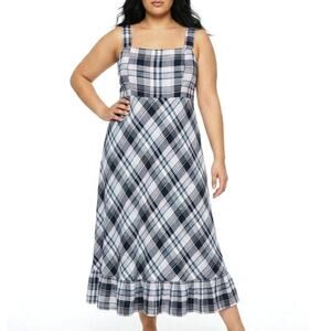 52 Seven Plaid Sleeveless A-Line Maxi Dress Ruffle Hem Blue White 18 Cottagecore